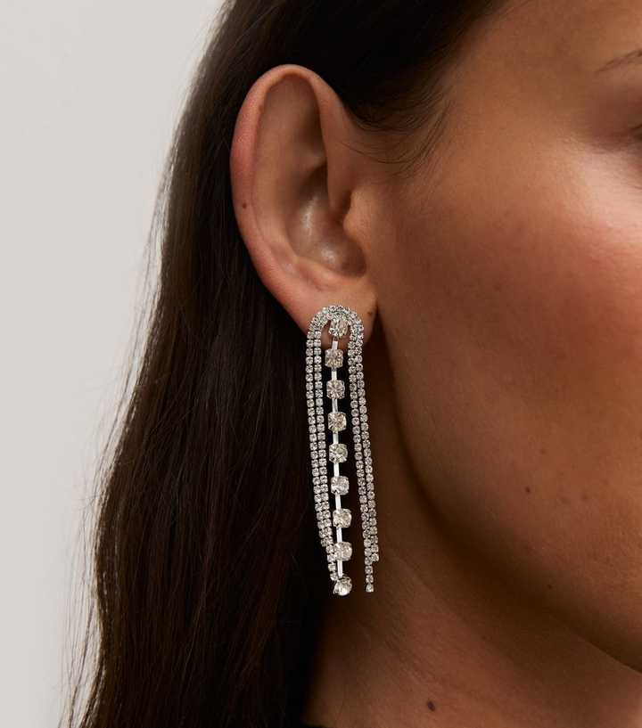 Silver Tone Diamante and Gem Drop Tassel Earrings