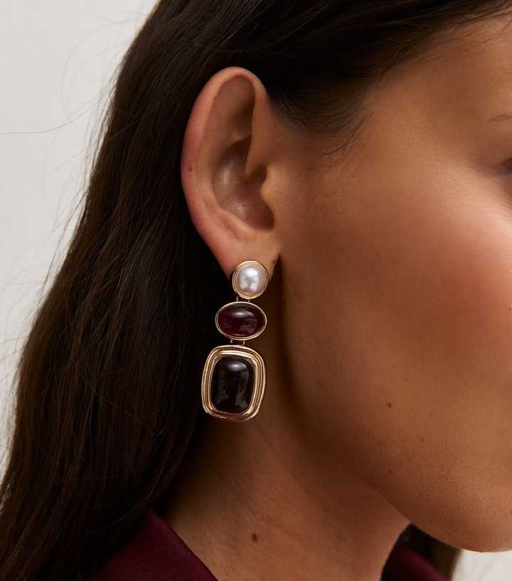 Gold Tone Burgundy Faux Stone Drop Earrings