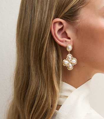 Gold-Tone Faux Pearl Flower Drop Earrings