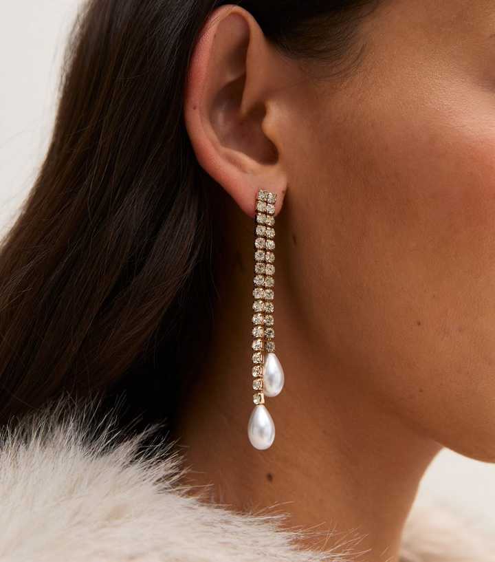 Gold Tone Faux Pearl Diamanté Tassel Drop Earrings