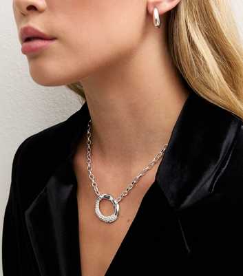 Silver Tone Diamante Oval Pendant Chain Link Necklace