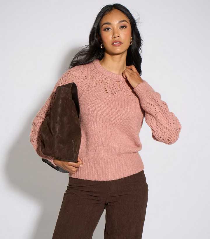 Gini London Light Pink Crochet Yoke Knitted Jumper