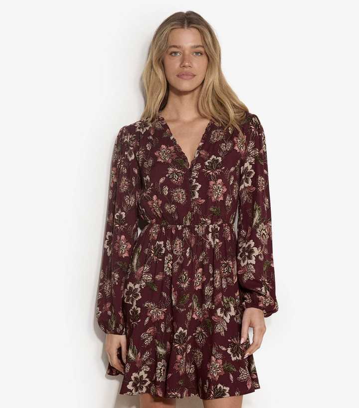 Apricot Dark Burgundy Floral Print Ruffle Neck Mini Dress