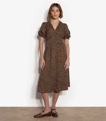 Apricot Brown Mini Dot Print Button Front Midi Dress