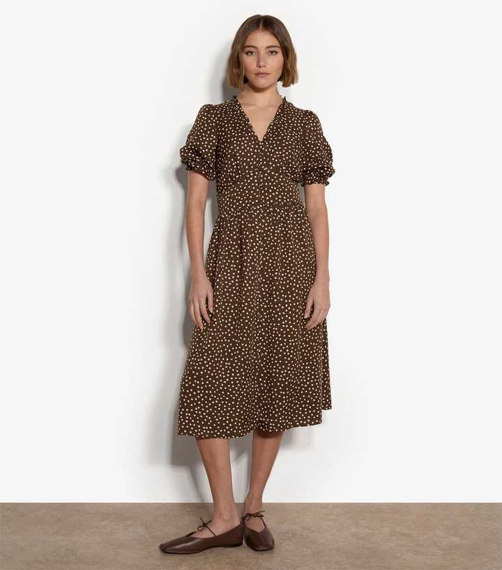 Apricot Brown Mini Dot Print Button Front Midi Dress