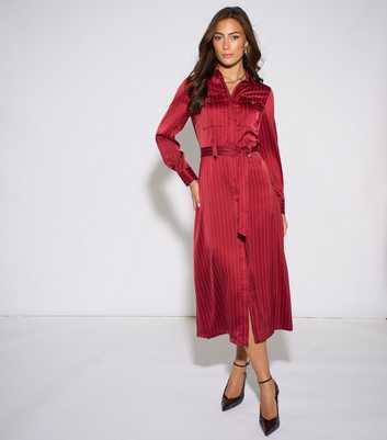Gini London Dark Red Satin Utility Belted Shirt Dress