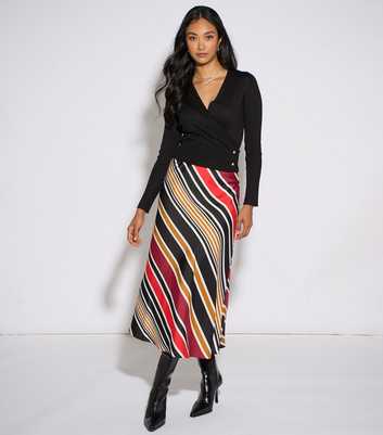 Gini London Black Diagonal Stripe Satin Bias Cut Skirt