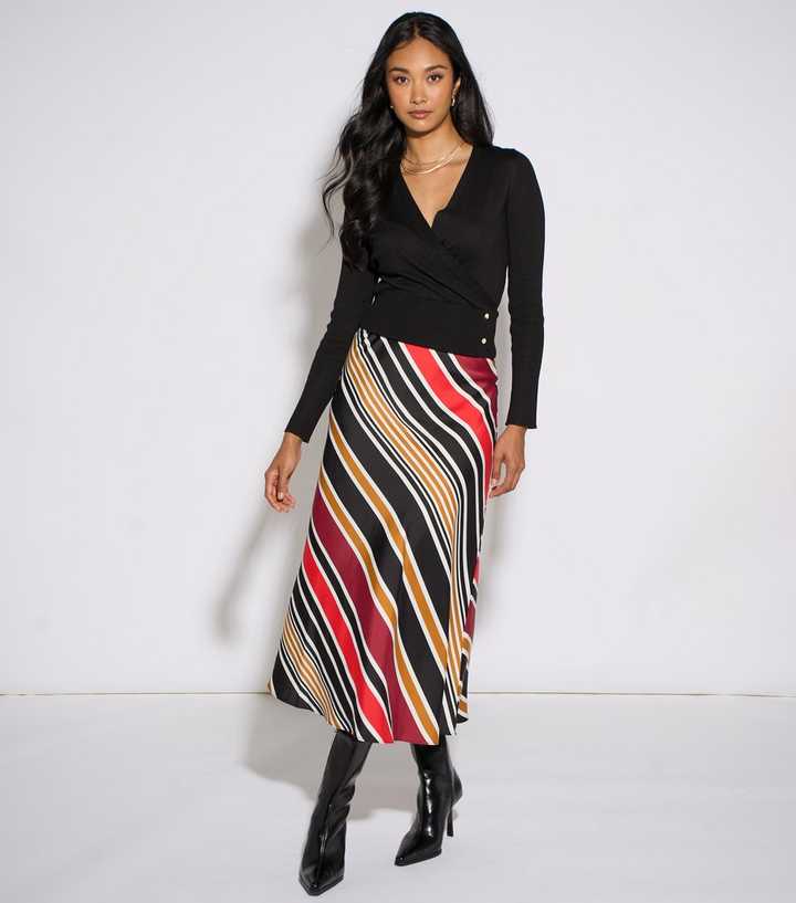 Gini London Black Diagonal Stripe Satin Bias Cut Skirt