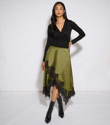 Gini London Dark Khaki Satin Lace Assymetric Midi Skirt