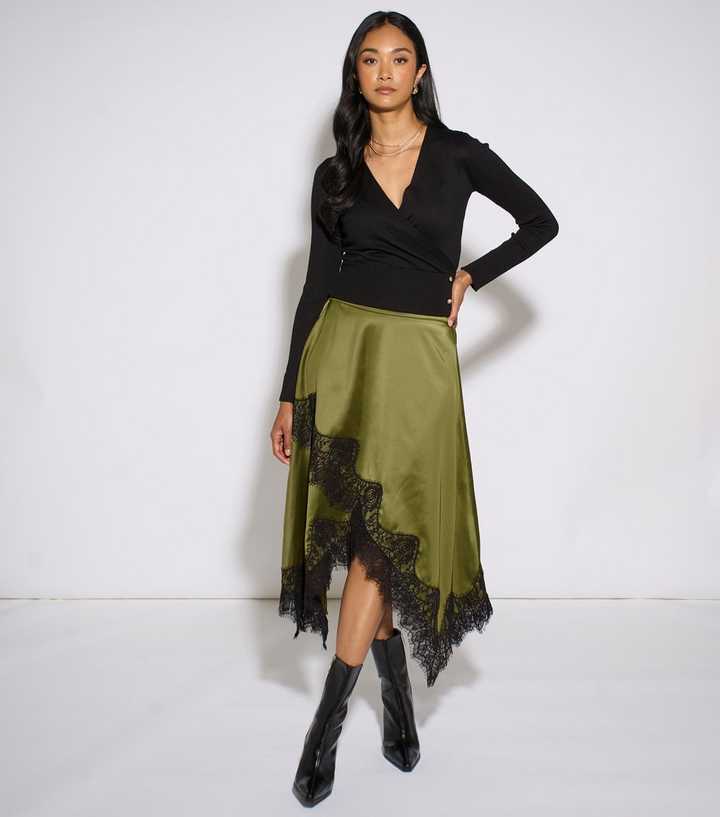 Gini London Dark Khaki Satin Lace Assymetric Midi Skirt