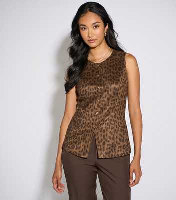 Gini London Brown Leopard Print Buttoned Waistcoat Top