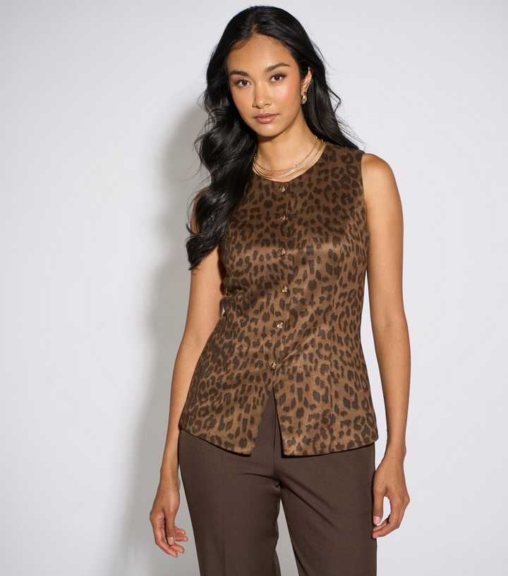 Gini London Brown Leopard Print Buttoned Waistcoat Top