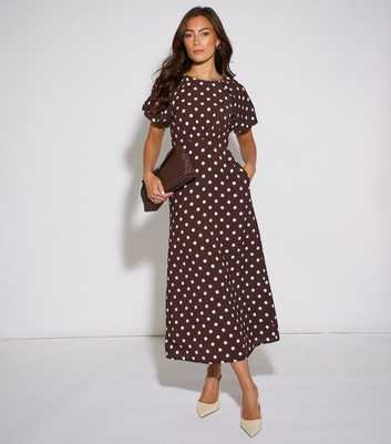 Gini London Brown Spot Print Puff Sleeve Midi Dress