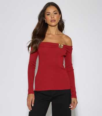 Gini London Dark Red Bardot Button Detail Top