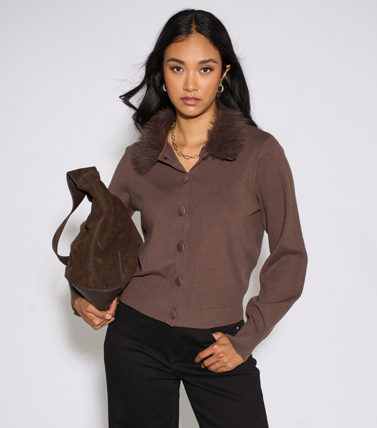 Gini London Women's Brown Fur Trim Cardigan | Size: 12 - Image 3