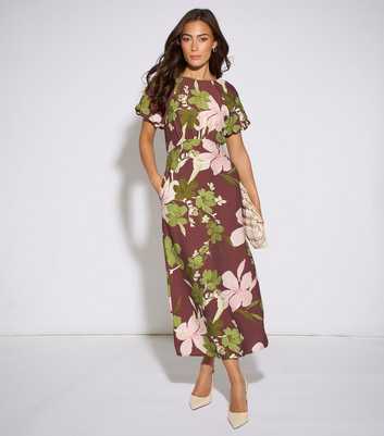 Gini London Brown Floral Print Puff Sleeve Midi Dress