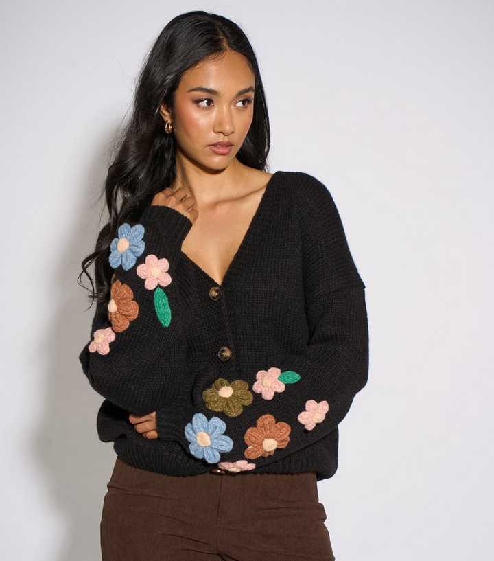 Gini London Black Floral Crochet Flowers Cardigan
