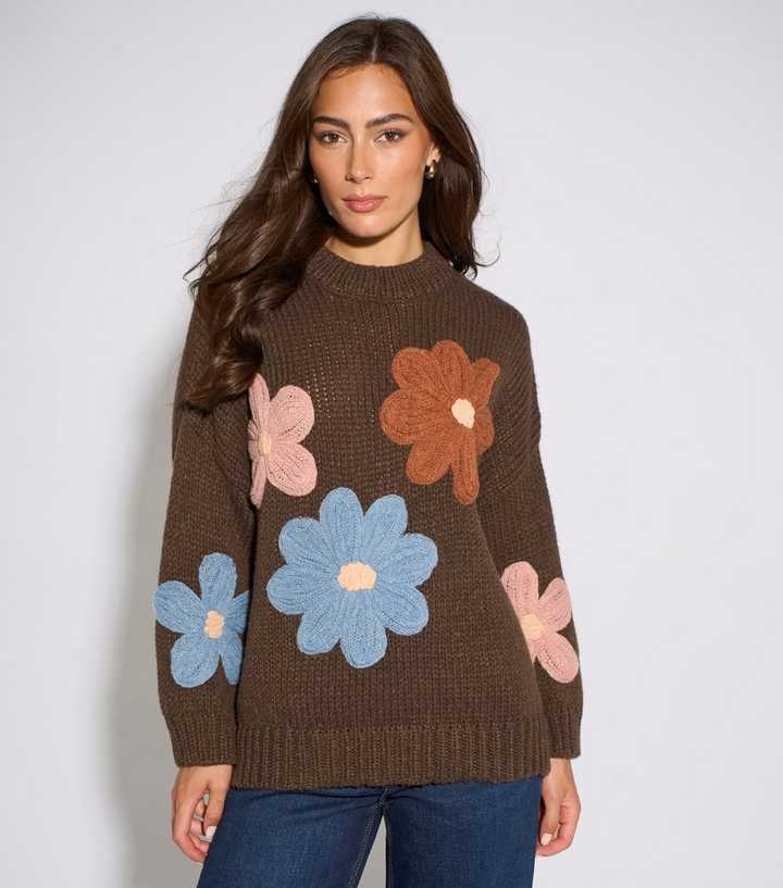 Gini London Dark Brown Crochet Flowers Knitted Jumper