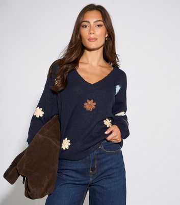 Gini London Navy Crochet Flowers Knitted Jumper