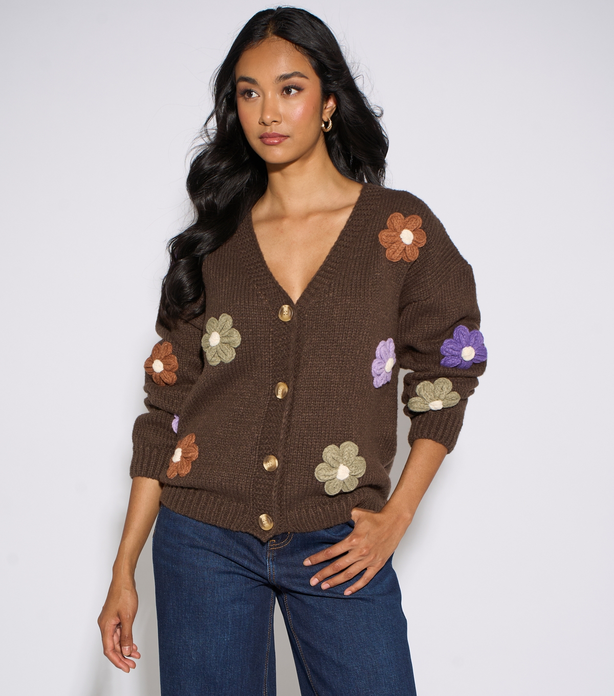 Gini London Women's Brown Pattern Brown Chunky Knit Floral Embroidered Cardigan New Look