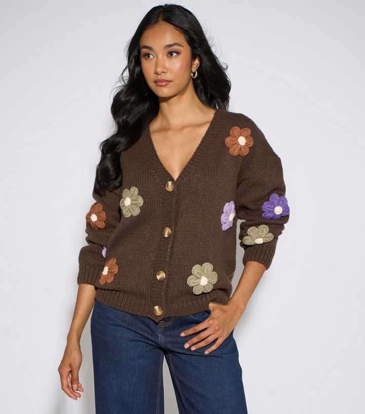 Gini London Brown Chunky Knit Floral Embroidered Cardigan