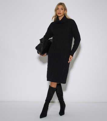 Gini London Black High Neck Cable Knit Midi Dress