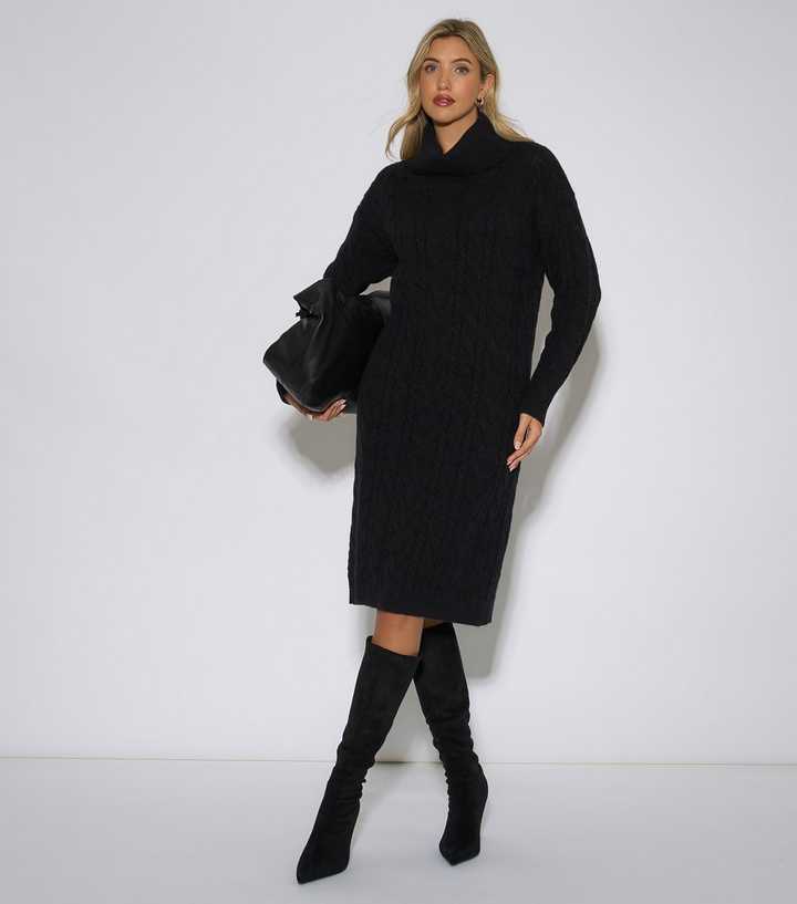 Gini London Black High Neck Cable Knit Midi Dress