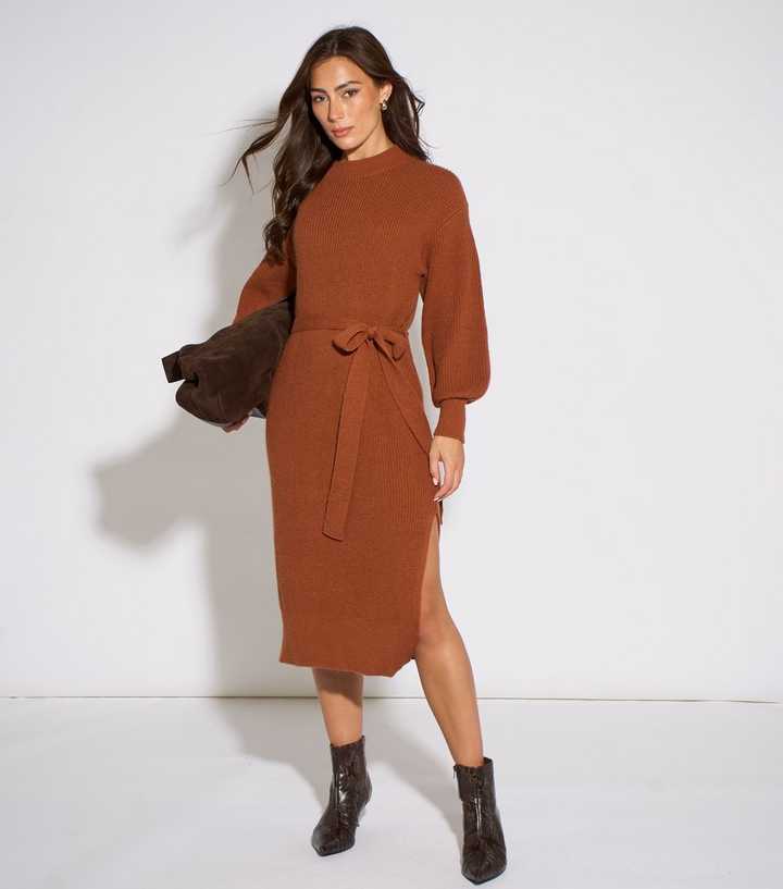Gini London Tan Tie Waist Knitted Dress