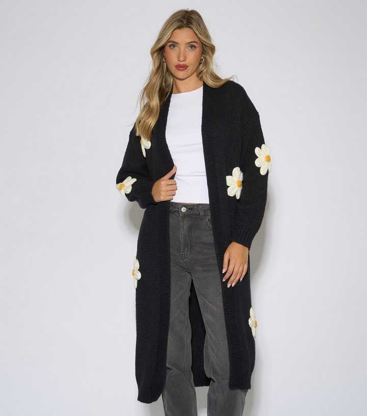 Gini London Black Daisy Applique Knitted Longline Cardigan
