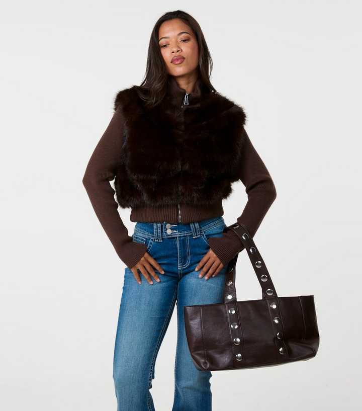 Pink Vanilla Dark Brown Faux Fur Panelled Zip Front Jacket