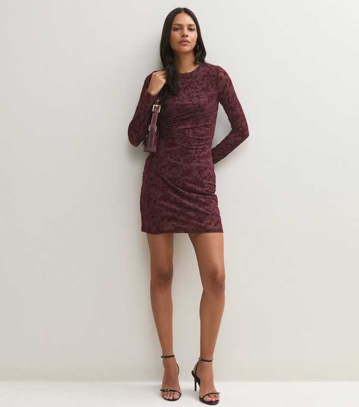 Dark Burgundy Floral Flocked Ruched Mini Dress