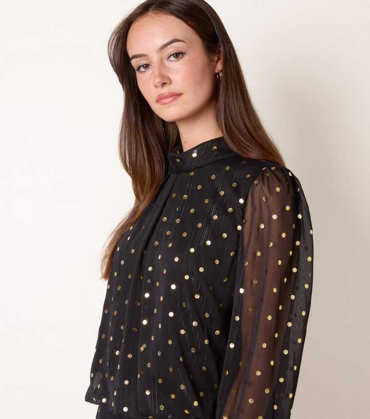 Blue Vanilla Black Chiffon Polka Dot Long Sleeve Bubble Hem Blouse