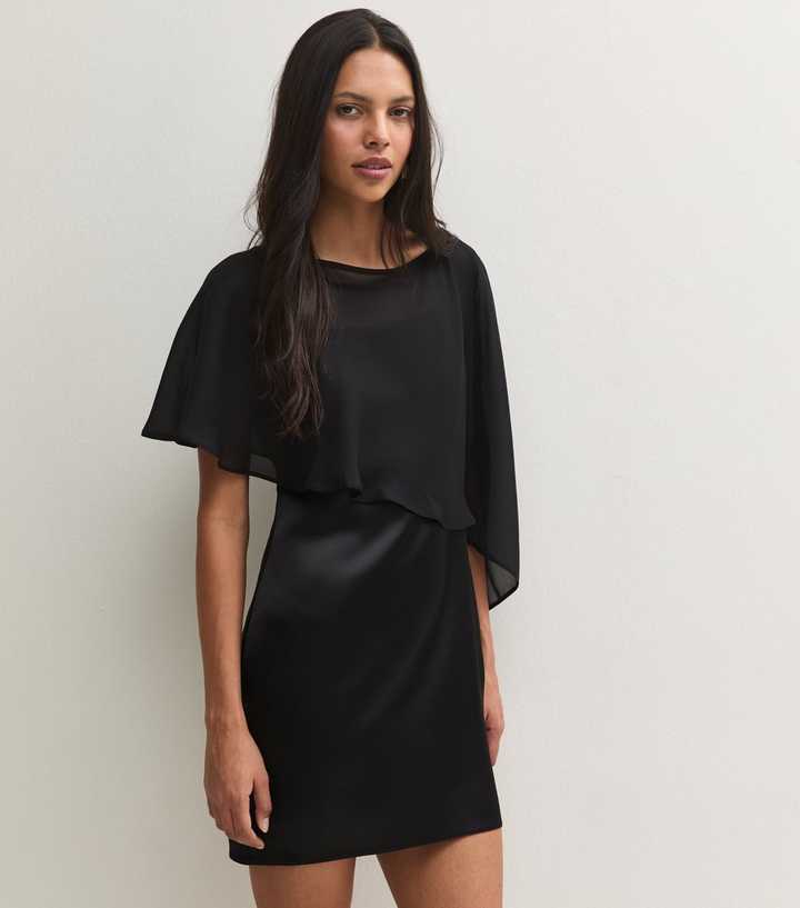 Black Cape Detail Satin Mini Dress
