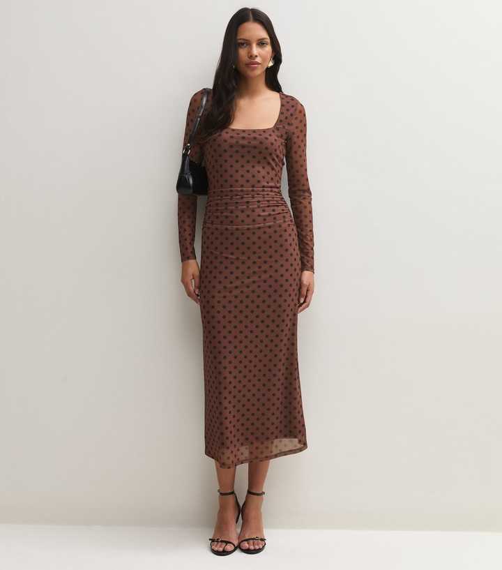 Brown Mesh Polka Dot Long Sleeve Midi Dress