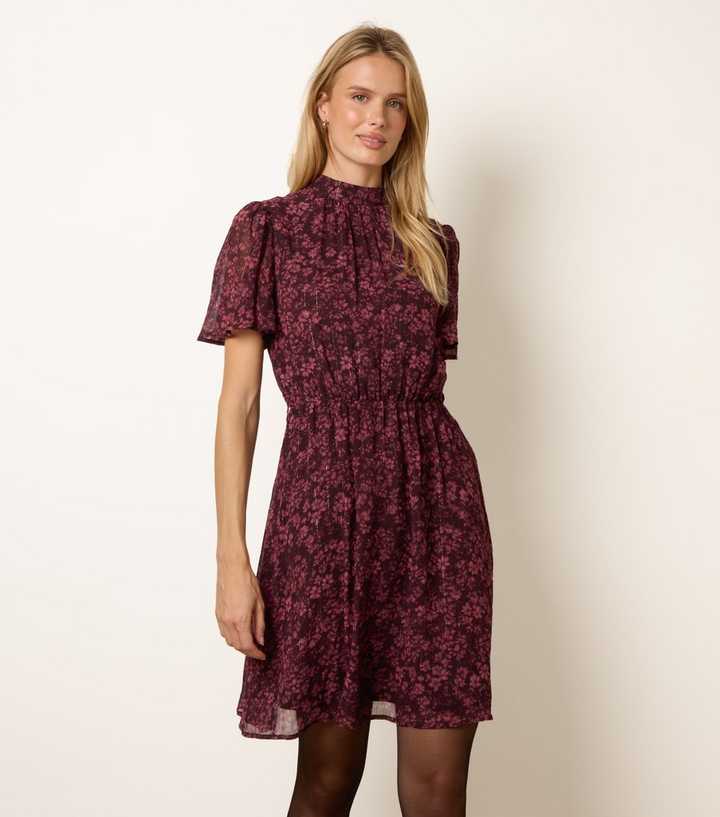 Blue Vanilla Burgundy Chiffon Floral Mini Dress