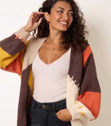 Blue Vanilla Burnt Orange Knitted Colour Block Cardigan