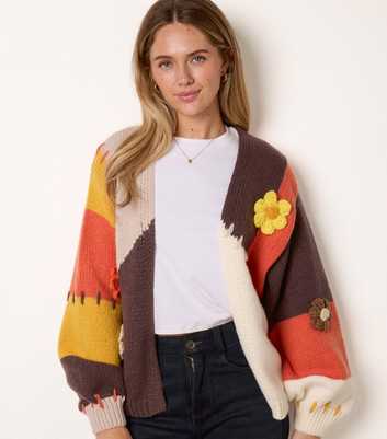 Blue Vanilla Burnt Orange Crochet Flower Embellished Cardigan