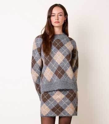 Blue Vanilla Brown Brushed Knit Argyle Pattern Co-Ord Set