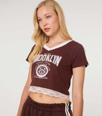 Pink Vanilla Dark Brown Brooklyn V-Neck Lace Trim T-Shirt
