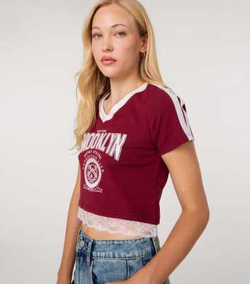Pink Vanilla Dark Burgundy Brooklyn V-Neck Lace Trim T-Shirt