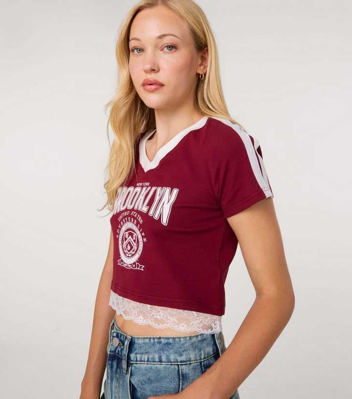 Pink Vanilla Dark Burgundy Brooklyn V-Neck Lace Trim T-Shirt