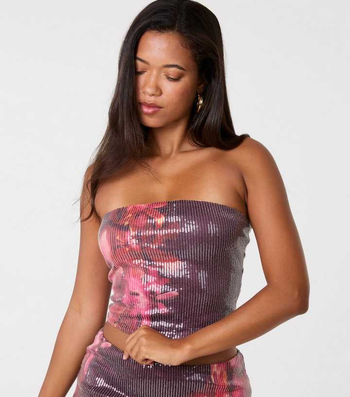 Pink Vanilla Multicolour Hibiscus Flower Sequin Bandeau Top