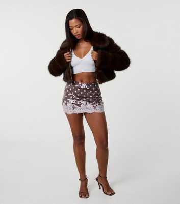 Pink Vanilla Dark Brown Polka Dot Sequin Lace Trim Mini Skirt