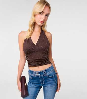 Pink Vanilla Dark Brown Diamante Slinky Halter Neck Top