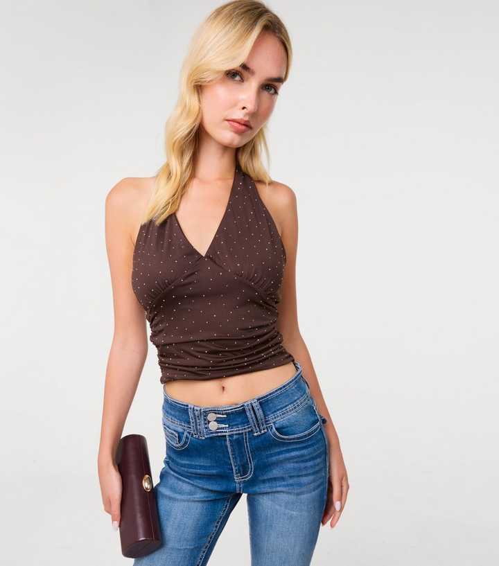 Pink Vanilla Dark Brown Diamante Slinky Halter Neck Top