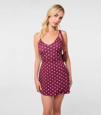 Pink Vanilla Dark Burgundy Slinky Polka Dot Mini Dress