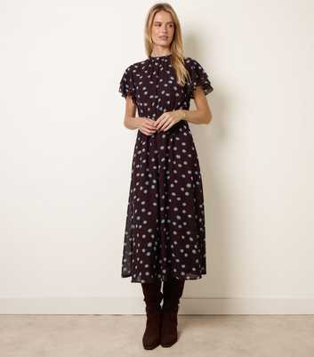 Blue Vanilla Dark Brown Chiffon Polka Dot Midi Dress