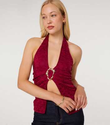 Pink Vanilla Dark Burgundy Sculpted Buckle Lace Halter Top