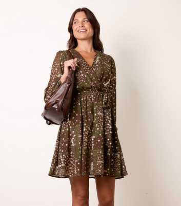 Blue Vanilla Dark Khaki Patchwork Print Long Sleeve Dress