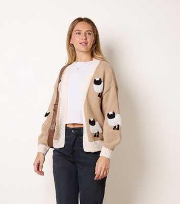 Blue Vanilla Oatmeal Knitted Contrast Trim Sheep Motif Cardigan